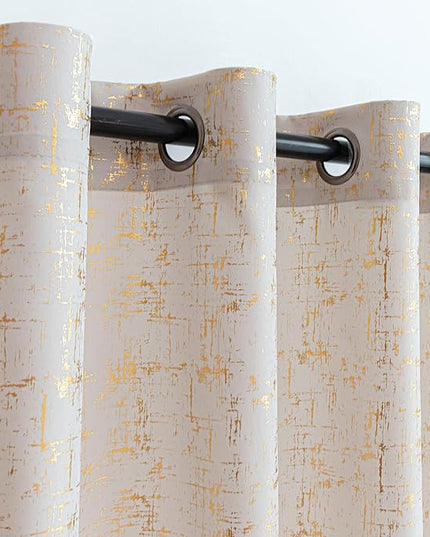 Taisier Home Gold Foil Print Linen Textured Curtains - Geometric Dots Pattern Design for Nursery, Toy Room - Thermal Insulated Window Treatment, 2 Panels, 45" L, Beige and Gold
