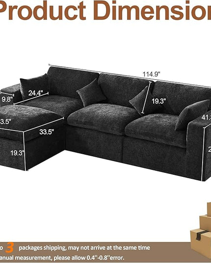 115''Cloud Boneless Sectional Couch, Modular Sectional Sofa Deep Seat with Ottoman, Oversized Upholstered Convertible Comfy 4 Seater Chenille Sofa L Shape Couches for Living Room, Dark