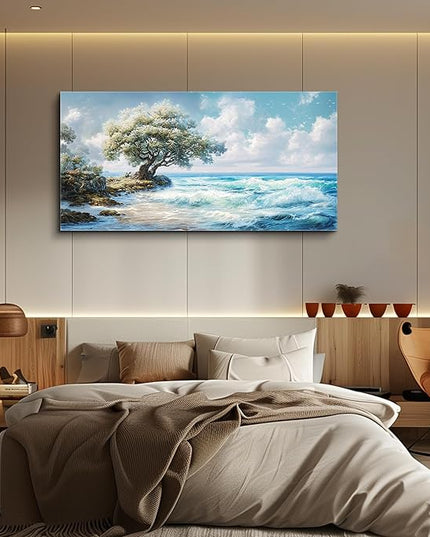 XIGUANGART Coastal Canvas Prints Wall Art Beach Sunset Ocean Waves Nature Pictures Trees on Rock Blue Painting Seascape Wall Decor for Living Room Bedroom Bathroom Home Office Artwork 40L x 20W