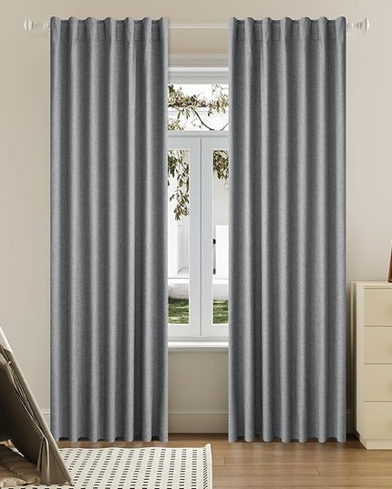 DUALIFE 90 Inch Blackout Grey Curtains Boho, Thermal Insulated Curtains for Summer Heat for Bedroom Living Room Linen Pleated Drapes 90 Inches Long Rod Pocket(50W x 90L x 2 Panels)