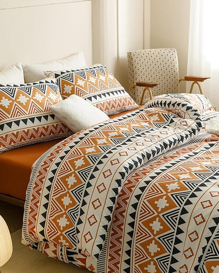 Houseri Boho Orange Comforter Set King Rust Aztec Striped Bedding Sets King Size Women Men Yellow Geometric Bohemian Christmas Warm Soft Cozy Comfy Bed Quilts Blankets Queen
