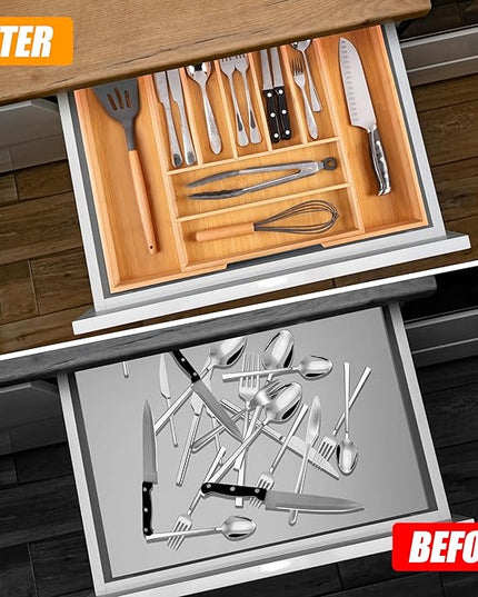 Bellsal Large Premium Bamboo Silverware Organizer - Expandable Utensil Drawer Organizer - 17"x19.6" Utensil Holder and Cutlery Tray with Grooved for Kitchen Flatware and Utensils Mother's Day Gift
