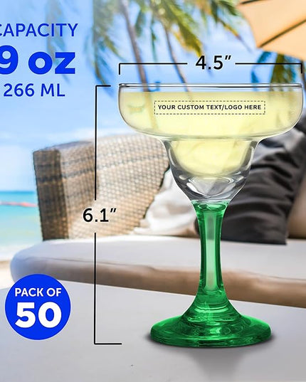 DISCOUNT PROMOS 50 Margarita Glasses Set, 9 oz. - Personalized Text, Logo - Classic, Smooth, Barware, Glassware - Green