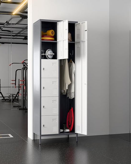Aobabo 72" H Metal Lockable Storage Locker 7 Small Doors and 1 Big Door, Metal Lockers for empolyees with Hooks, for School Home Office Assembly Required, 8 Doors, Grey White