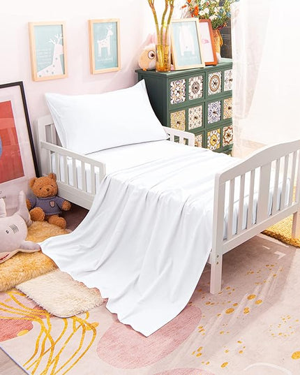 NTBAY Toddler Bedding Set - 4 Piece Soft and Breathable Crib Bedding Set for Boys and Girls, Includes Quilted Comforter, Fitted Sheet, Flat Top Sheet and Envelope Pillowcase, White
