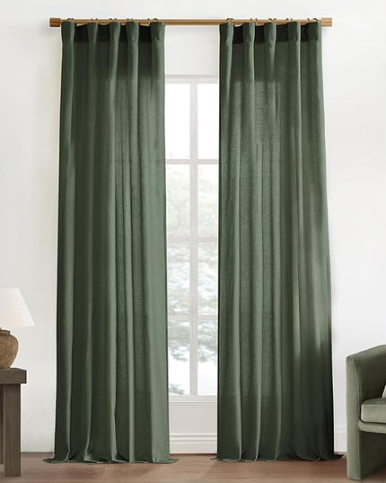 XTMYI Drapes Curtains for Living Room,2 Panels Set Linen Semi Sheer Boho Back Tab Pleated Window Treatments for Bedroom,Olive Green,40x86 in Long