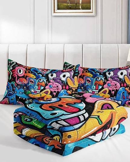 AILONEN Graffiti Bedding Sets for Kids Teens Queen Size,Monster Graffiti Colorful Print Comforter Set,Funny Monsters Duvet Set,3-Piece, 1 Quilt and 2 Pillowcases,Soft Microfiber