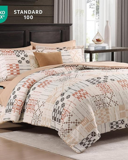 MaiRêve Full Size Comforter Sets, Classic Plaid Farmhouse Bedding Sets 7 Pieces, Beige All Season Bed in A Bag with Sheets, Pillowcases & Shams