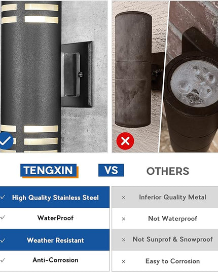 TENGXIN Outdoor Exterior Wall Light,Up and Down Cylinder Modern Porch Light,Stainless Steel 304 and Toughened Glass,Black Finished,E27,UL Listed