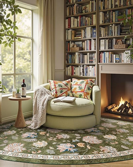 jinchan Elora Floral Corner Rug for Living Room Washable Rug Vintage Romance Christmas Design Non Slip Quarter Circle Lightweight Low-Pile Throw Carpet for Reading Nook Playroom, 7ft Radius, Green