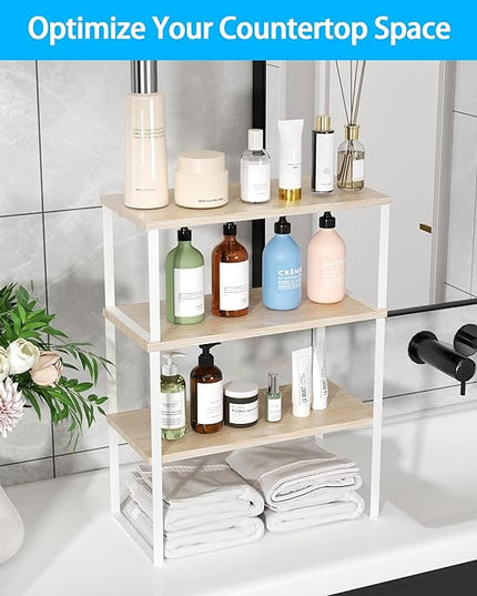 Golener Countertop Organizer Corner Shelf, 2 Tier Adjustable Stackable Corner Shelves for Kitchen, Bathroom, Spice Rack, Coffee Bar, Over Sink, Dresser Table, Corner Counter Shelf Stand, Natural Beige