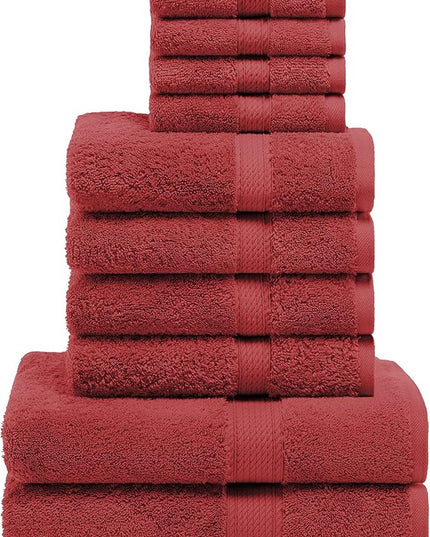 Superior Egyptian Cotton Pile 10 Piece Towel Set, Includes 2 Bath, 4 Hand, 4 Face Towels/Washcloths, Ultra Soft Luxury Towels, Thick Plush Essentials, Guest Bath, Spa, Hotel Bathroom, Red