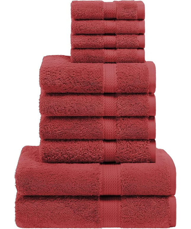 Superior Egyptian Cotton Pile 10 Piece Towel Set, Includes 2 Bath, 4 Hand, 4 Face Towels/Washcloths, Ultra Soft Luxury Towels, Thick Plush Essentials, Guest Bath, Spa, Hotel Bathroom, Red