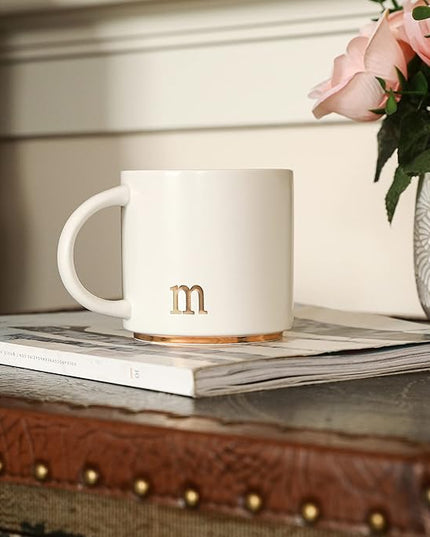 COLLECTIVE HOME - Monogram Ceramic Mugs, 15 oz Golden Initial Coffee Cups, Elegant Alphabet Tea Mugs, Elegant Personalized Mug with Gift Box, Luxurious Cups for Office and Home (m)