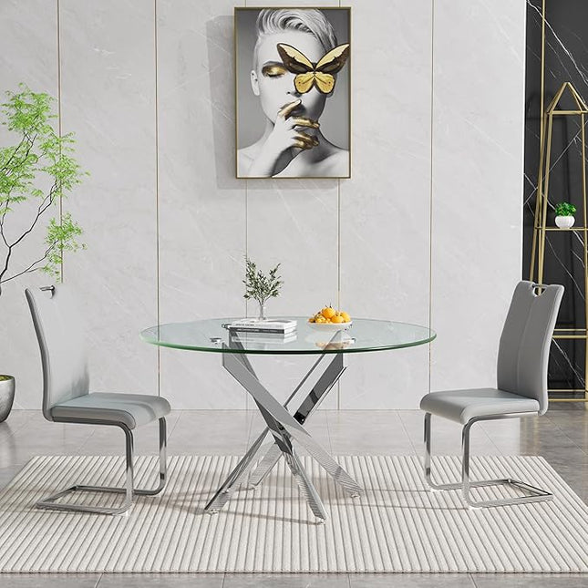 HomVent Round Glass Dining Table Set for 2, 3-Piece Modern Kitchen Table Set with 2 PU Upholstered Chair for Kitchen Dining Room, Glass Dining Room Table Set