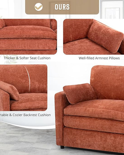 89" Chenille 3 Seats Sofa with 2 Pillows, Modern Upholstered Sofa with Deeper Seats, Comfy Sofa with Thickened Cushions for Living Room, Apartment, Orange