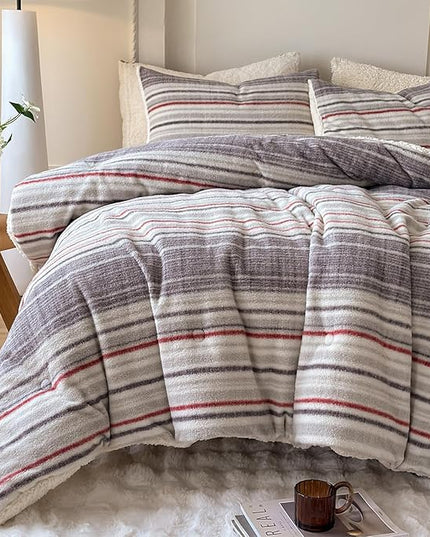 Cyusri Striped Sherpa Comforter Set 3Pcs Fluffy Warm Fleece Down Alternative, Grey Red Bedding Set with 2 Pillowcases, King Size 104"x90"