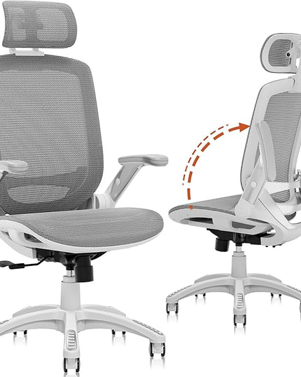 GABRYLLY Ergonomic Office Chair, High Back Home Desk Chair with Headrest, Flip-Up Arms, 90-120° Tilt Lock and Wide Cushion, 400LBS Mesh Chairs for Man Woman, White Task Chair(Dark Grey,GY01WDG)
