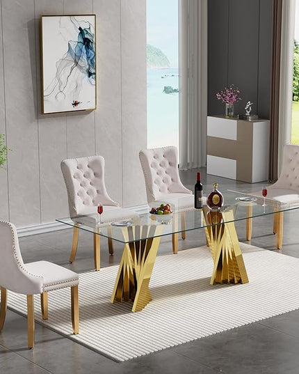 5 Piece Glass Dining Table Set,70" Dinner Room Glass Table Set for 4,Modern Kitchen Dinner Table Set with Stainless Steel Base and 4 Upholstered Velvet Dining Chairs for Living Dining Room
