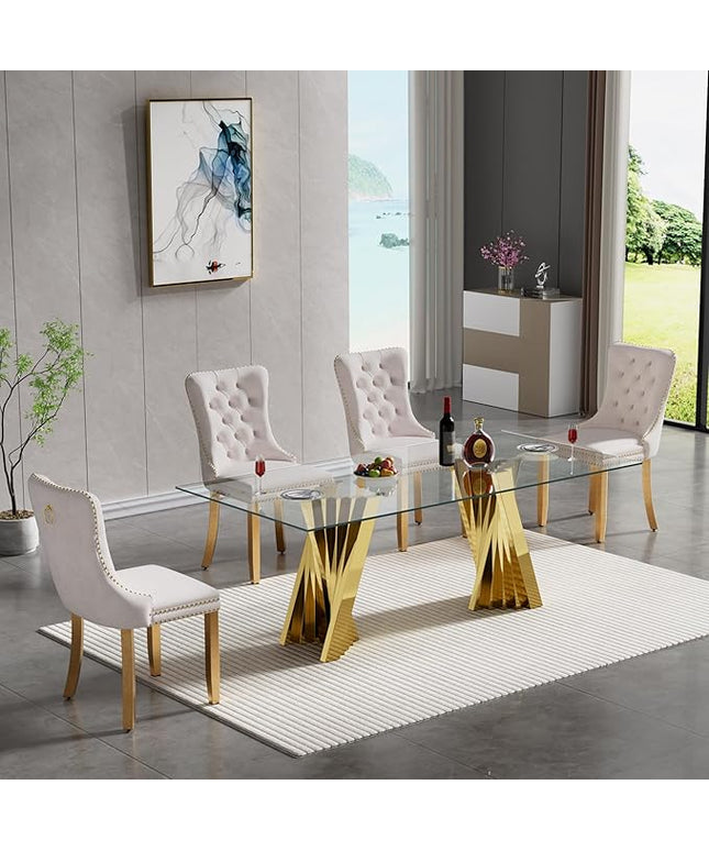 5 Piece Glass Dining Table Set,70" Dinner Room Glass Table Set for 4,Modern Kitchen Dinner Table Set with Stainless Steel Base and 4 Upholstered Velvet Dining Chairs for Living Dining Room