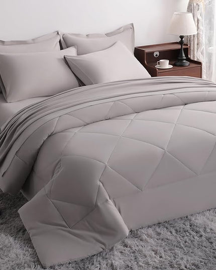 NTBAY Queen Comforter Set with Sheets, 7 Pieces Soft and Breathable Queen Bedding Set, Bed in a Bag, Down Alternative Comforter Set Solid Color All Season, Queen Bedding Set, Smoke Grey