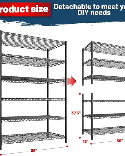 6Tier Metal Shelving Unit Storage Shelves. 1200LBS Wire Shelving Rack Heavy Duty, 75H Adjustable Pantry Shelves, Metal Shelf for Garage Shelving, Closet Shelves,Kitchen, 75" Hx 36" Wx 18" D
