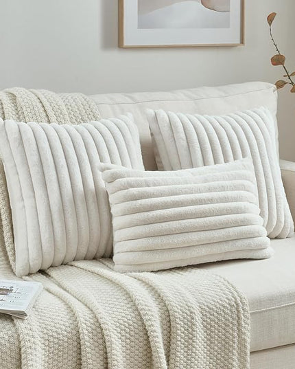 FUTEI Cream Throw Pillow Covers Set of 2, 12x20 Inch Striped Texture Lumbar Pillow Cases with Soft Faux Rabbit Fur Front & Velvet Back, Modern Decorative Couch Pillows for Living Room