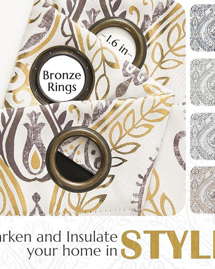 jinchan Blackout Curtains 63 Inches Long Golden Foil Damask Medallion Window Curtains for Bedroom Grommet Thermal Insulated Drapes for Living Room Vintage Luxury Window Treatments Set 2 Panels
