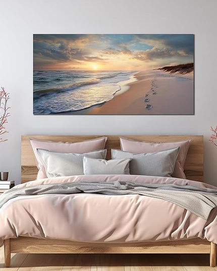 Ouzzlie Seascape Wall Art Ocean Wall Decor Blue Picture Art Print Sun Canvas Large Landscape Artwork for Living Room Bedroom Office 29" x 59"