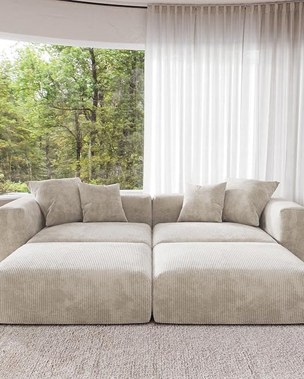 JACH Corduroy Sectional Couches for Living Room, Modular Sectional Couch with Chaise Ottomans, Cushion Covers Removable, Modern Sofa Bed for Living Room, Apartment, Office (Beige)