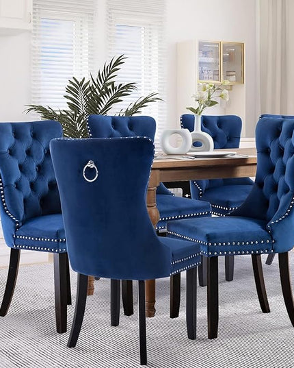 SoarFlash Velvet Dining Chair Set of 8, Upholstered Tufted Dining Room Chair with Nailhead Trim and Solid Wood Leg for Kitchen (Blue)
