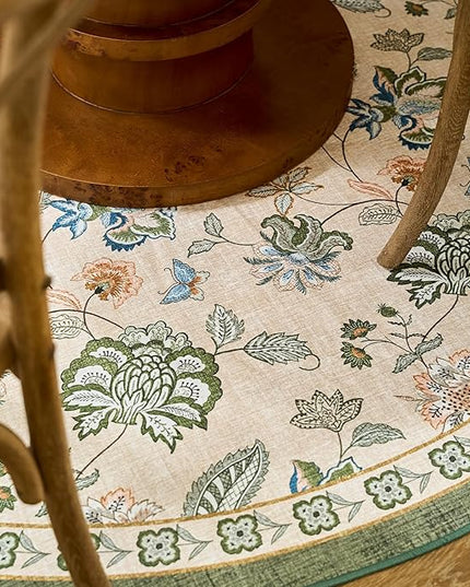 jinchan Elora Floral Corner Rug for Entryway Washable Rug Vintage Romance Christmas Design Non Slip Quarter Circle Lightweight Low-Pile Throw Carpet for Playroom Nook Nursery 4ft Radius, Green/Beige