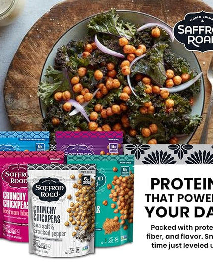 Saffron Road Crunchy Chickpeas Variety Pack with Bombay Spice, Korean BBQ, Falafel, Sea Salt & Cracked Pepper | High-Protein, Vegetarian, Non-GMO, Halal & Kosher Certified Snack | Pack of 6
