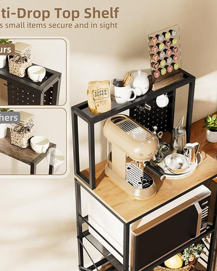 Kitchen Bakers Rack with Pegboard, 4-Tiers Coffee Bar Table, Heavy-Duty Metal Microwave Stand, Adjustable Storage Shelf Rack for Living Room, Garage, Office