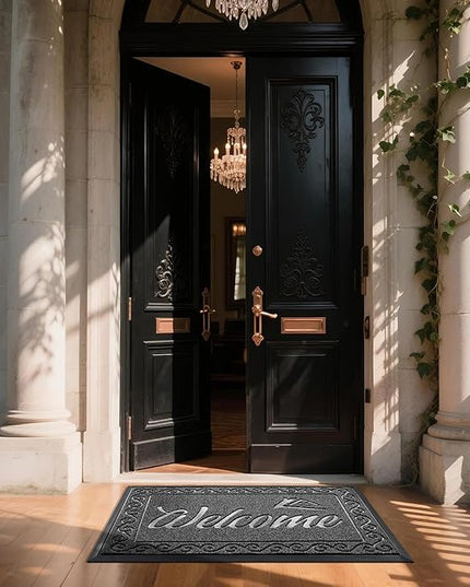 Yimobra Welcome Mat, Heavy Duty Sturdy Door Mats for Home Entrance Outdoor Indoor, Front Doormat for Outside Patio Floor Entry Porch Garage Office, Waterproof, Low Profile, 47X32 Inches, Black Grey