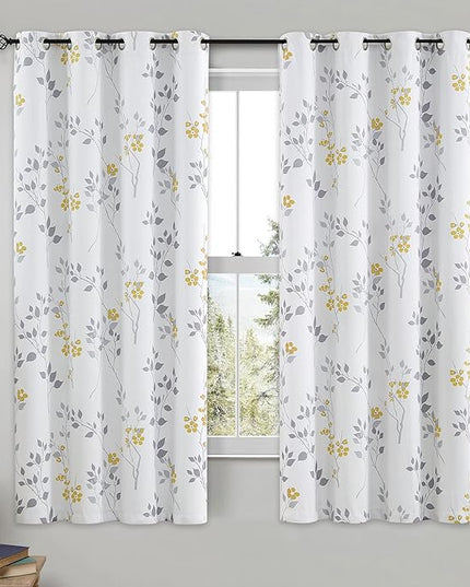 Beauoop Floral 100% Blackout Curtains 63 Inch Length 2 Panels for Bedroom Living Room Yellow Grey and White Flower Patterned Room Darkening Thermal Soundproof Grommet Window Treatments Drapes, 52X63