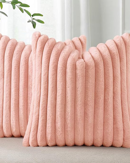 Pallene Faux Fur Plush Throw Pillow Covers 24x24 Set of 2, Luxury Soft Fluffy Striped Decorative Pillow Covers for Sofa, Couch, Living Room, Pink
