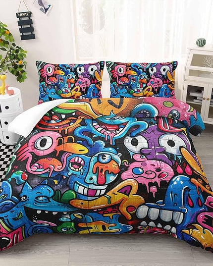 AILONEN Graffiti Bedding Sets for Kids Teens Full Size,Monster Graffiti Colorful Print Comforter Set,Funny Monsters Duvet Set,3-Piece, 1 Quilt and 2 Pillowcases,Soft Microfiber