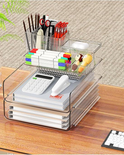 YKLSLH Paper Organizer Letter Tray - Acrylic Stackable Desk File Organizer with 5-Gird Tray and Pencil Holder, Clear Paper Sorter Office Organizer for Letter/A4, Office File Ipad Books Notes Etc