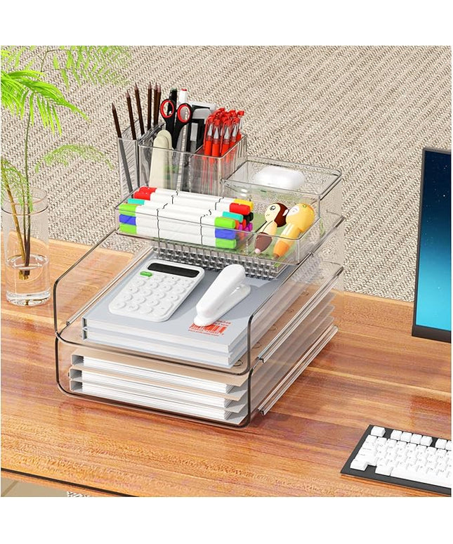 YKLSLH Paper Organizer Letter Tray - Acrylic Stackable Desk File Organizer with 5-Gird Tray and Pencil Holder, Clear Paper Sorter Office Organizer for Letter/A4, Office File Ipad Books Notes Etc