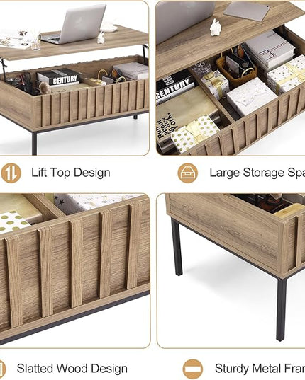 Lift Top Coffee Table with Storage Wooden Coffee Table Wave Stripe Dining Table for Living Room,43in,Teak
