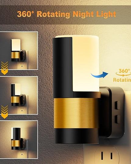JandCase Plug in Night Light, Rotating Night Light with 3 Colors, 3000K/5000K/Amber, Dimmable Night Lights with Dusk to Dawn Sensor, 360°Rotatable, LED Nightlight for Bathroom Bedroom Hallway, 2 Pack