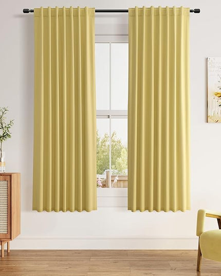 Guken Yellow Blackout Curtains 63 Inch Length 2 Panels Set for Living Room Bedroom Back Tab Thermal Insulated 100% Black Out Linen Drapes Room Darkening Window Curtains 63 Inches Long