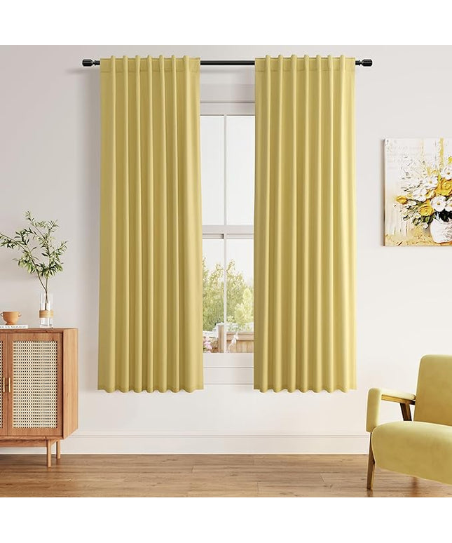 Guken Yellow Blackout Curtains 63 Inch Length 2 Panels Set for Living Room Bedroom Back Tab Thermal Insulated 100% Black Out Linen Drapes Room Darkening Window Curtains 63 Inches Long
