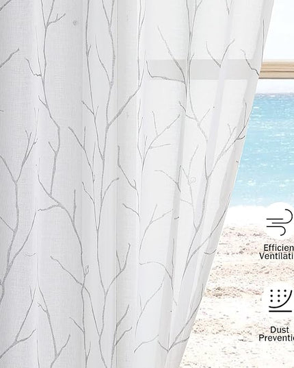 BUHUA White Sheer Curtains 84 Inches Long - Silver Foil Tree Branch Curtain 2 Panels, Semi-Sheer Window Curtains for Living Room, 52 x 84 Inch, 1 Pair, White