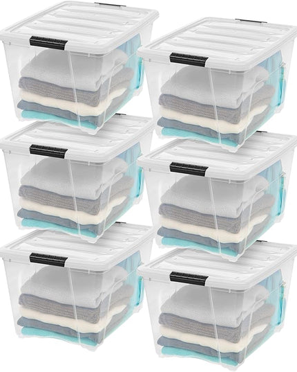 IRIS USA 6-Pack 54 Quart Stackable Storage Bins with Lids [Made in USA] - Everyday Organizer Latching Clear Plastic Organization Containers Closet Bedroom Shelving Units Home Storage - Clear/White