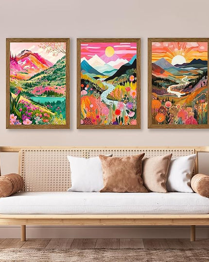 DUWQU 3 piece Colorful Watercolor Mountain Canvas Wall Art Boho Floral Painting Picture Wall Decor Abstract Nature Landscape Poster Print Artwork for Living Room Bedroom Office 16x24 Inch Wood Frames