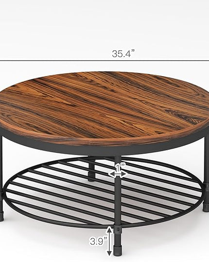 NSdirect 36" Round Coffee Table with Storage Shelf, Dark Grey Brown Vintage Wood Top & Metal Legs - 18.5" Height End Table for Small Spaces (Dark Red Brown)