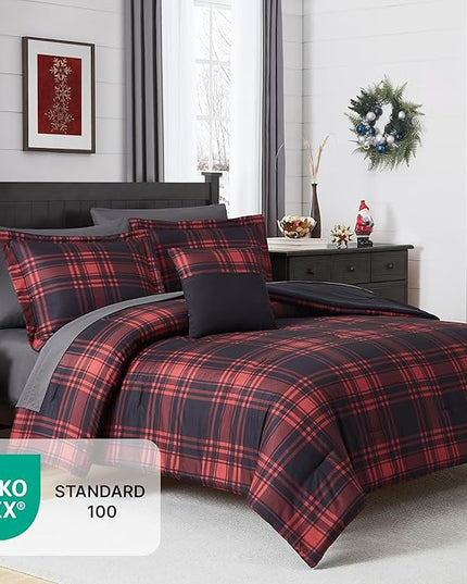 MaiRêve King Comforter Set, Classic Red Black Plaid Bedding Set 7 Pieces, Farmhouse Lightweight All Season Bed in a Bag with Sheets, Pillowcases & Shams