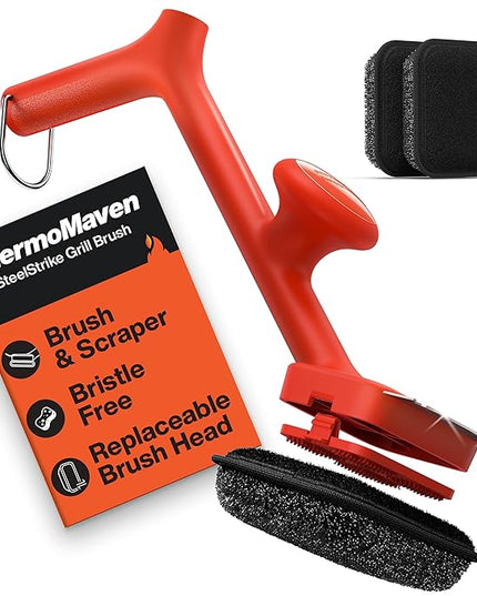 ThermoMaven BBQ Grill Brush Bristle Free - 17" Safe Steam Grill Cleaner Brush with Scraper and 3 Brush Heads for Porcelain/Gas/Charcoal Grill Outdoor Grill Barbecue Cleaner